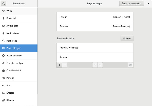 GNOME en français avec deux dispositions de clavier, français et japonais